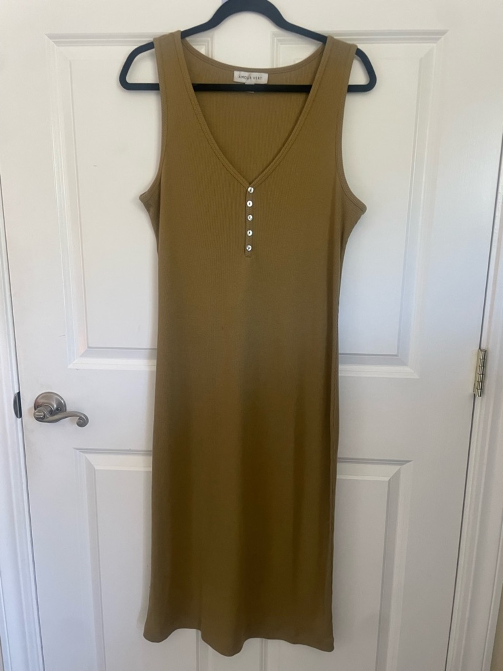 Amour Vert Olive Ribbed Tank Midi with Button Placket